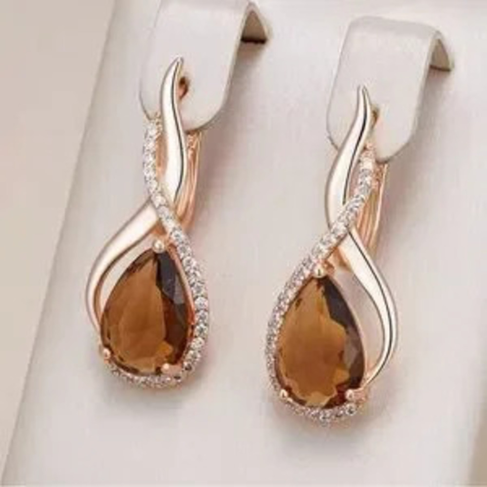 Light Brown Natural Zircon English Earrings for Women Water Droplets 585 Rose